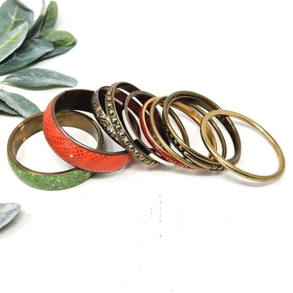Lot of 10 Assorted Stackable Brass Bangle Lot - Picture 1 of 8